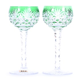 Pair Of Wine Stems, BPCG, Green Cut To Clear, Geometric Pattern Attributed To Baccarat
