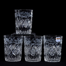 (4) Tumblers, ABCG, Signed Sinclaire, Hobstar And Fan With Engraved Floral Highlights