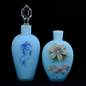 (2) Perfume Bottles, Blue Satin Art Glass With Enamel Decor