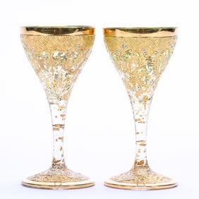Pair Of Cordial Stems, Moser Style, Green Shading To Clear