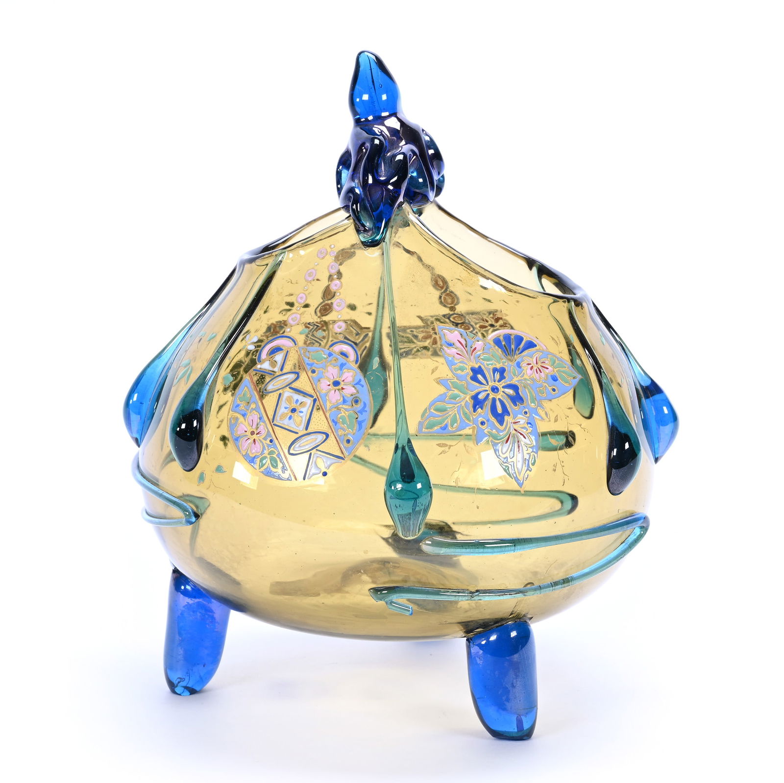 Footed Basket-Shaped Vase, Unmarked Moser, Amber Art Glass With Colorful Enamel Decor (1 of 6)