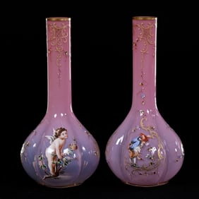 Pair Of Vases, Pink Opalescent Art Glass, Moser Style