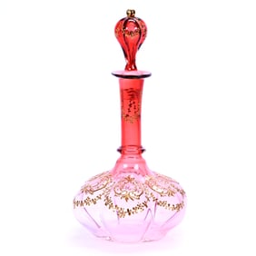 Decanter, Cranberry Shading To Clear Art Glass, Blown Mold