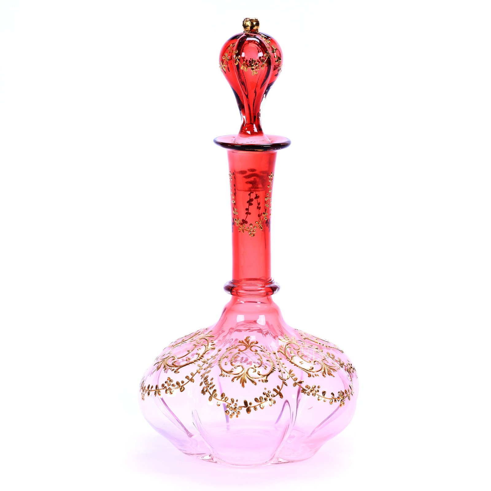 Decanter, Cranberry Shading To Clear Art Glass, Blown Mold: Decanter, Cranberry Shading To Clear Art Glass, Blown Mold, 10.25" x 5.5", Enamel Floral And Scroll Decor, Pattern Matched Stopper, Private Collection, CA.