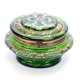 Jewel Box, Emerald Green Art Glass With Colorful Enamel Decor