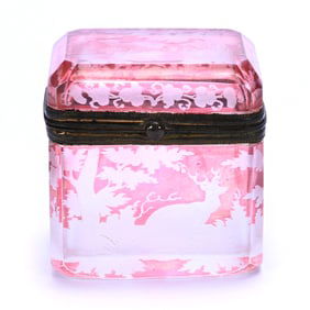 Jewel Casket, Bohemian Ruby Flashed Art Glass, Finely Engraved Scene