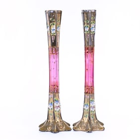 Pair Of Six-Sided Bud Vases, Bohemian Art Glass, Ruby Flash With Heavy Gold, Enamel Decor