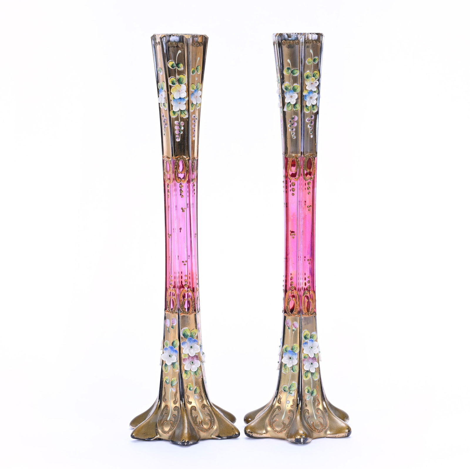 Pair Of Six-Sided Bud Vases, Bohemian Art Glass, Ruby Flash With Heavy Gold, Enamel Decor (1 of 2)