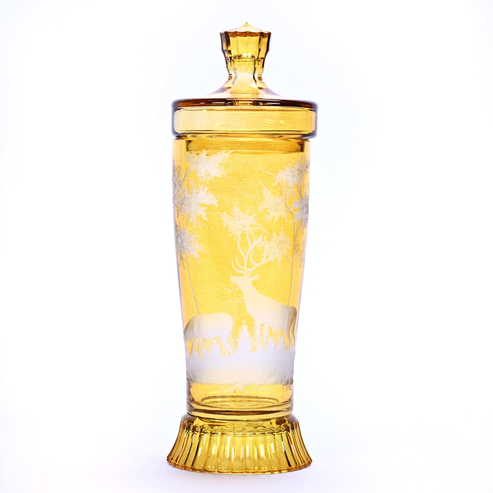 Covered Jar, Bohemian Art Glass, Amber Engraved To Clear: Covered Jar, Bohemian Art Glass, Amber Engraved To Clear, 10" x 3", Stag And Doe Scenic Decor, Private Collection, CA.