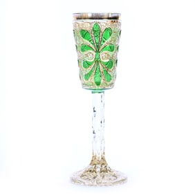 Chalice, Green Cut To Clear Bohemian Art Glass, Elaborate Gold Enamel Highlights