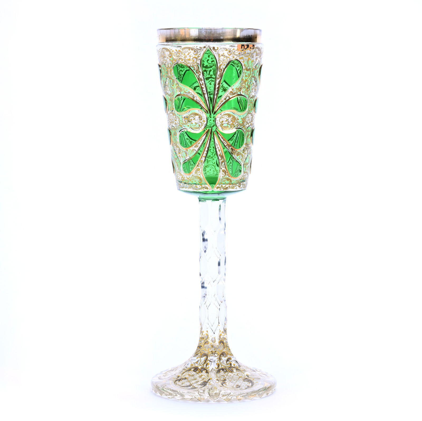 Chalice, Green Cut To Clear Bohemian Art Glass, Elaborate Gold Enamel Highlights: Chalice, Green Cut To Clear Bohemian Art Glass, Elaborate Gold Enamel Highlights, 10.5" x 3.75", Nice Quality, Private Collection, CA.