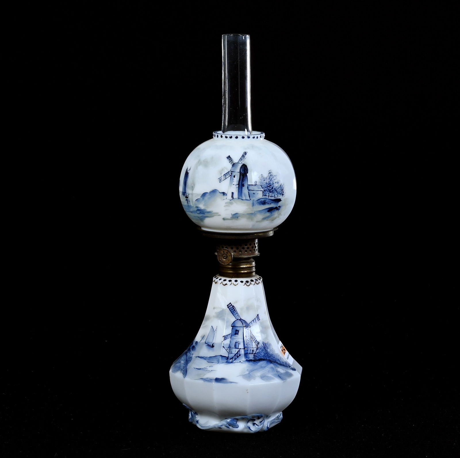 Miniature Lamp, Unmarked Pairpoint, Delft Pattern: Miniature Lamp, Unmarked Pairpoint, Delft Pattern, 8.5" x 4", White Milk Glass With Classic Mill And Sailboat Scenic Decor, Total Height To Top Of Chimney 11.25", Private Collection, CA.