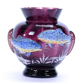 Vase, Blown Mold Art Glass In Style Of Moser, Enamel Fish Decor