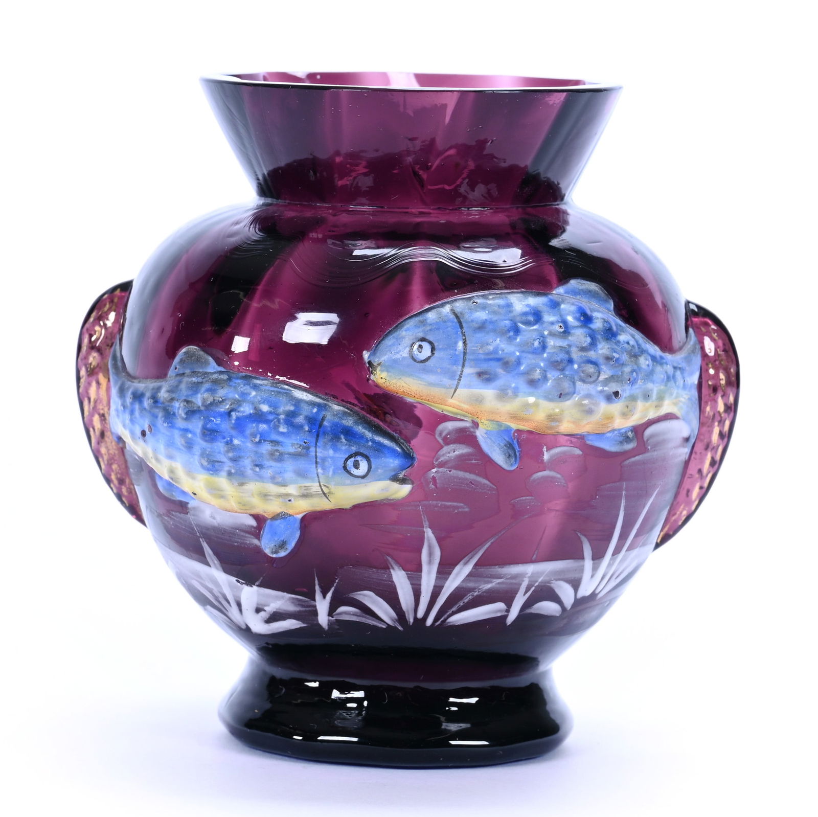 Vase, Blown Mold Art Glass In Style Of Moser, Enamel Fish Decor (1 of 3)