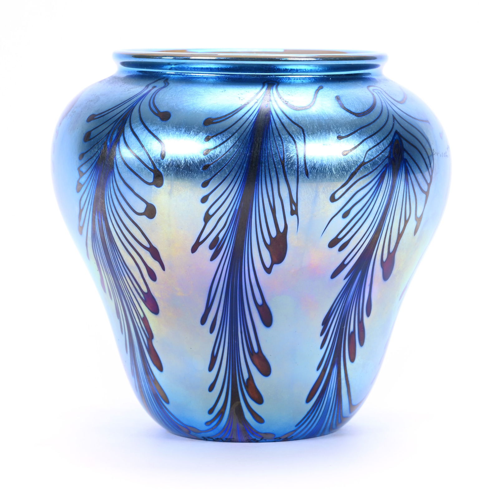 Art Glass Vase, Marked Orient & Flume, Blue Iridescent With Feather Design (1 of 5)