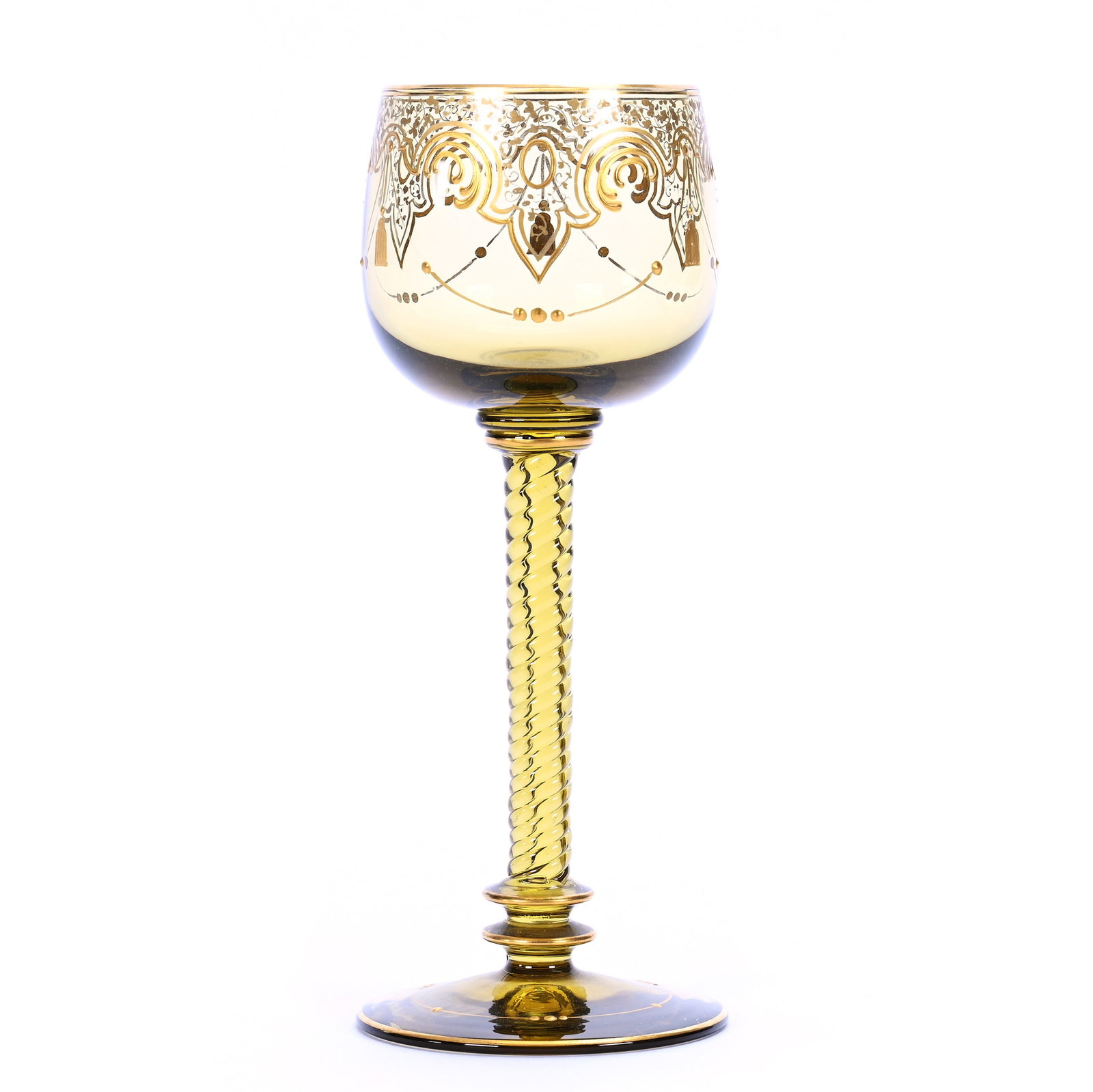 Wine Stem, Solid Green Art Glass, Moser Style: Wine Stem, Solid Green Art Glass, Moser Style, 6.5" x 2.5", Twist Stem, Gold Enamel Highlights, Private Collection, CA.