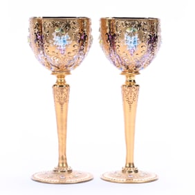 Pair Of Wine Stems, Amethyst Shading To Clear, Bohemian Art Glass