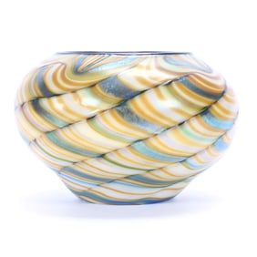 Art Glass Vase, Marked Orient & Flume, Yellow, Blue, Green, And White Swirl Design