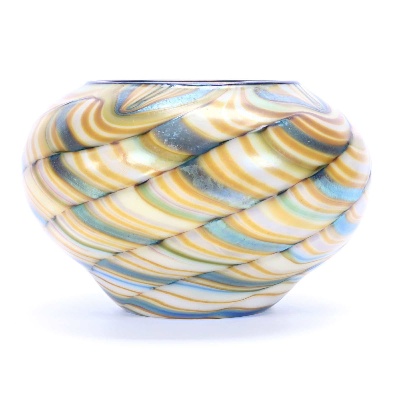 Art Glass Vase, Marked Orient & Flume, Yellow, Blue, Green, And White Swirl Design: Art Glass Vase, Marked Orient & Flume, Yellow, Blue, Green, And White Swirl Design, 3.75" x 5.75", Dated 1975, Private Collection, CA.
