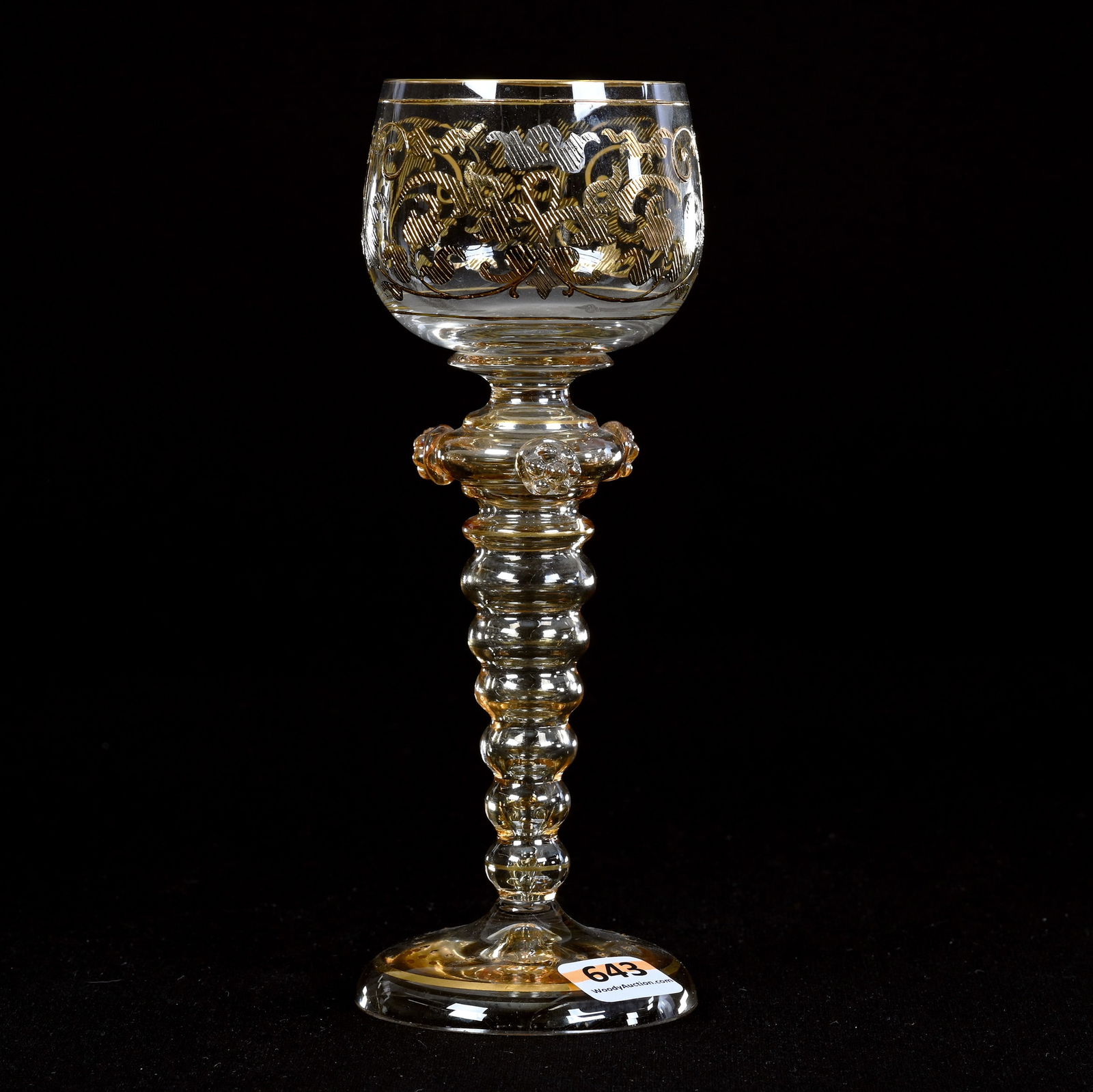 Wine Stem, Signed "Fritz Heckert", Marigold Iridescent With Enamel Floral And Scroll Design: Wine Stem, Signed "Fritz Heckert", Marigold Iridescent With Enamel Floral And Scroll Design, 7.5" x 2.75", Private Collection, CA. UPDATED 7-28-25: See Close-Up Photo Of Mark.