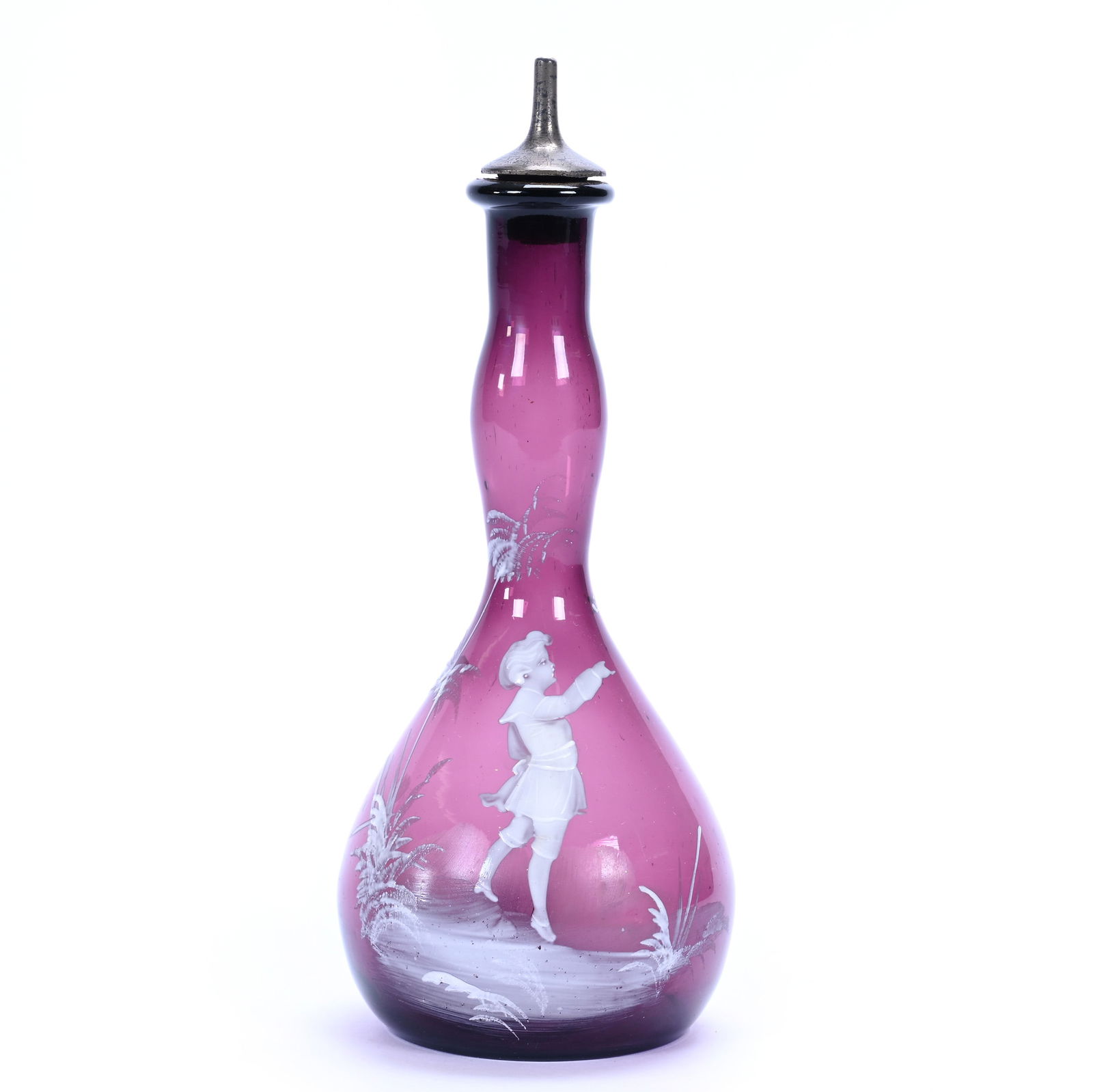 Barber's Bottle, Vintage Solid Amethyst Art Glass With Mary Gregory Scenic Decor (1 of 2)