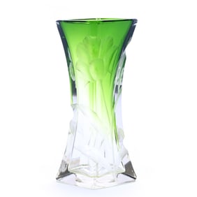 Square Vase, Signed Moser Carlsbad, Green Shading To Clear Art Glass