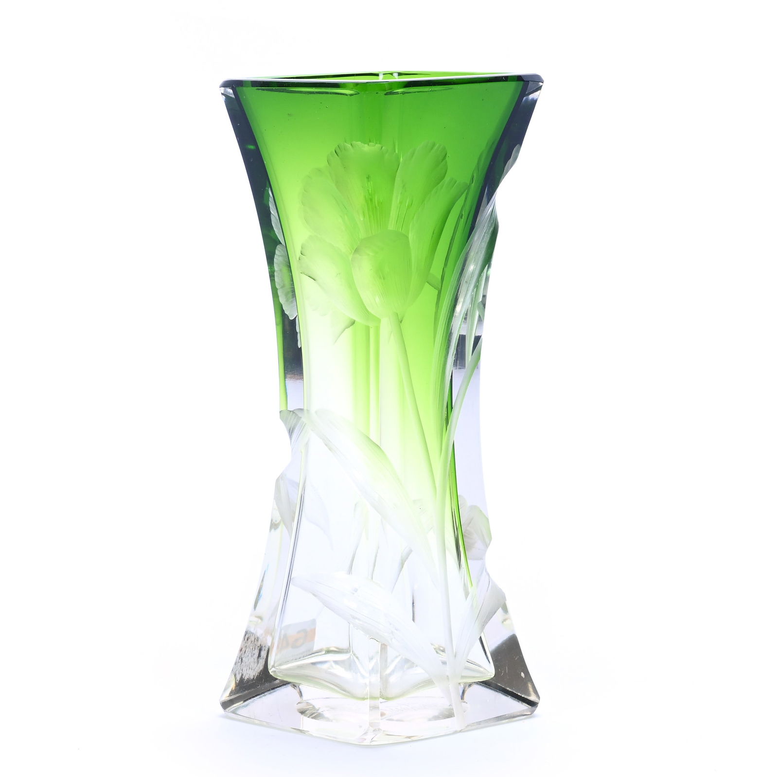 Square Vase, Signed Moser Carlsbad, Green Shading To Clear Art Glass (1 of 4)
