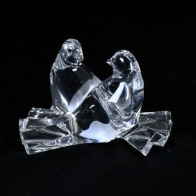 Figural Group, Signed Baccarat, Clear Crystal, Two Love Birds