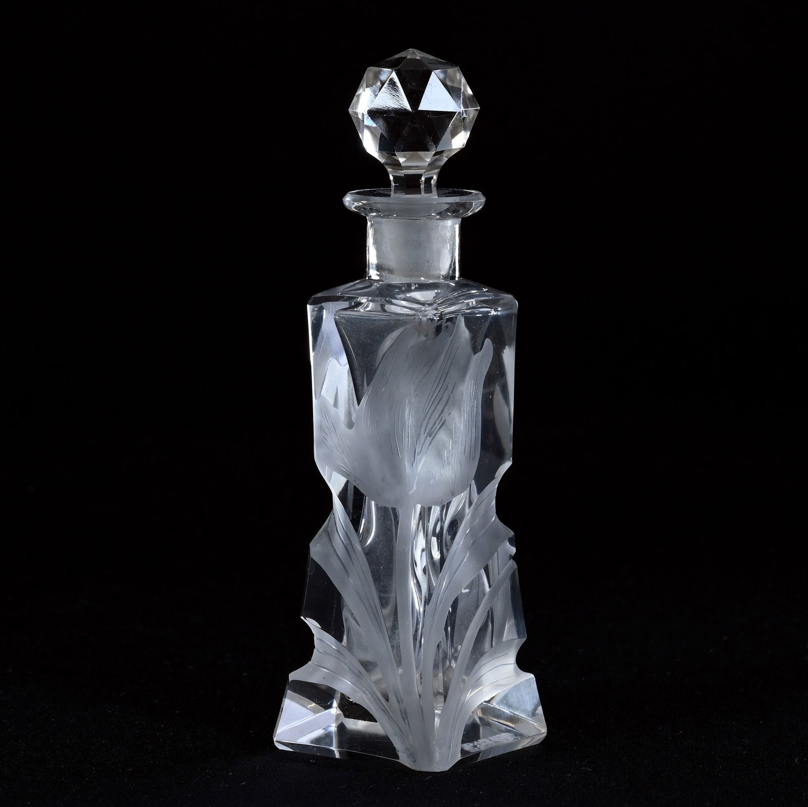 Perfume Bottle, Unmarked Moser, Clear Art Glass With Engraved Tulip Decor (1 of 3)