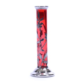 Bud Vase, Cranberry Art Glass With Silver Floral Decor Overlay
