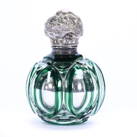 Perfume Bottle, Early Victorian Era, Green Cut To Clear Art Glass, Silver Lined Interior
