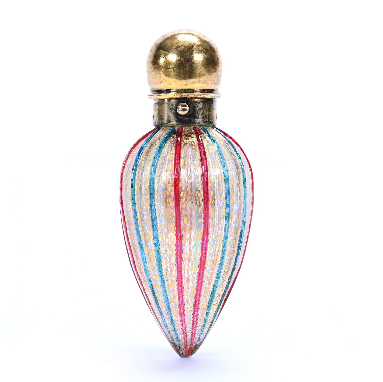 Teardrop Lay Down Perfume, Clear Art Glass With Red And Aqua Ribs, Gold Mica Highlights (1 of 4)