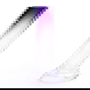 Bud Vase, Unmarked Moser, Amethyst Shading To Clear Art Glass: Bud Vase, Unmarked Moser, Amethyst Shading To Clear Art Glass, 3.75" x 1.75", Engraved Tulip Decor, Eleanor Eulau Collection.