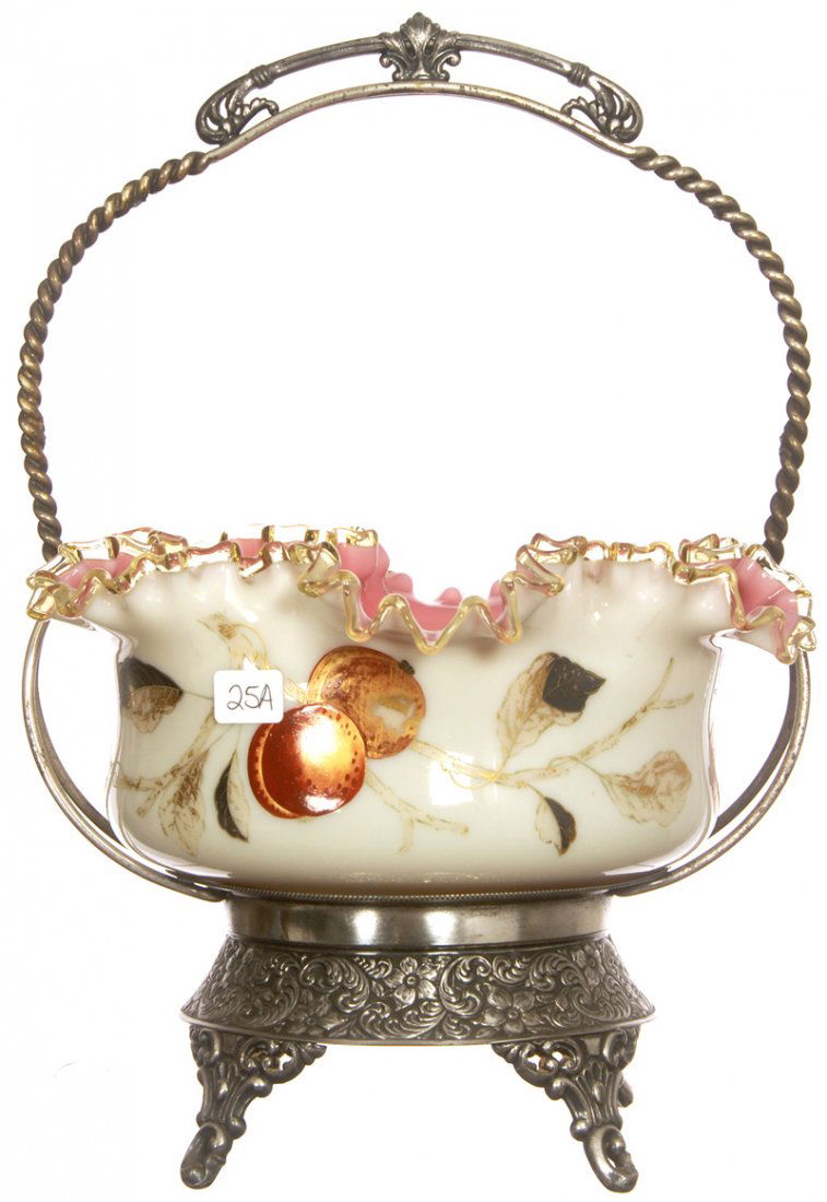 14" X 10" BRIDES BASKET: 14" X 10" BRIDES BASKET CASED WEBB ART GLASS BOWL - PINK INTERIOR - WHITE EXTERIOR WITH ENAMEL FRUIT AND BRANCH DECOR - SET ON WEBSTER SILVER PLATE FRAME