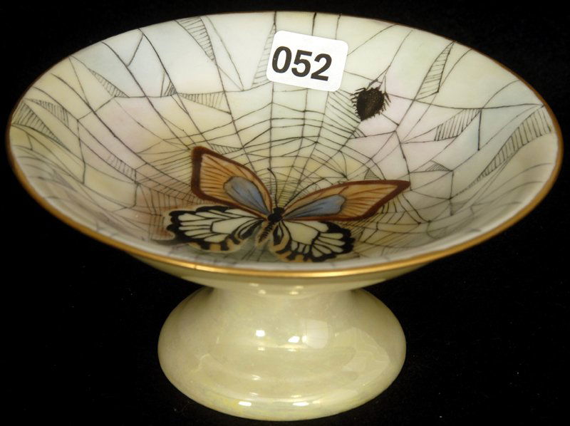 2 3/4" X 6" ROYAL BAYREUTH CANDY DISH: 2 3/4" X 6" ROYAL BAYREUTH CANDY DISH SPIDER WEB AND BUTTERFLY DECOR - YELLOW LUSTRE - GOLD TRIM