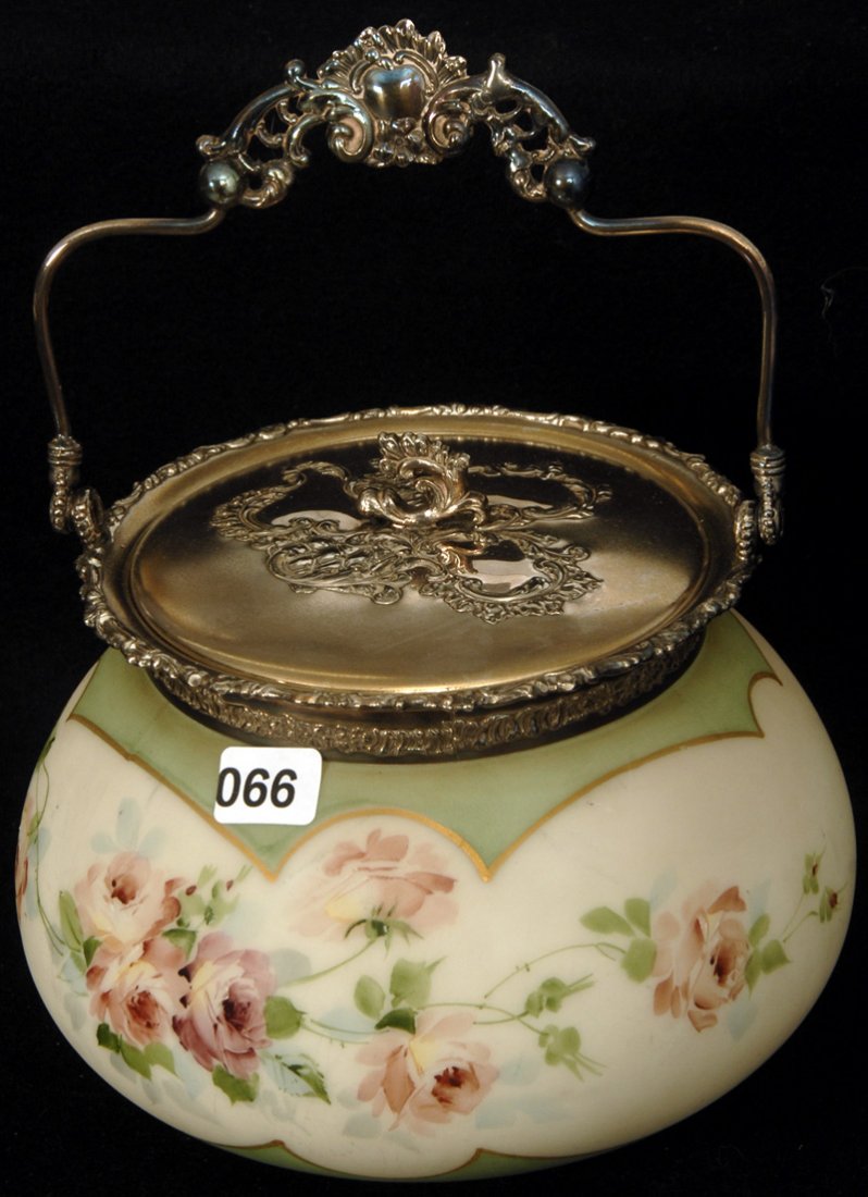5 3/4" PAIRPOINT ART GLASS BISCUIT JAR: 5 3/4" PAIRPOINT ART GLASS BISCUIT JAR CREAM AND GREEN TONES WITH PINK ROSE DECOR - EMBOSSED SILVER PLATE LID AND BAIL