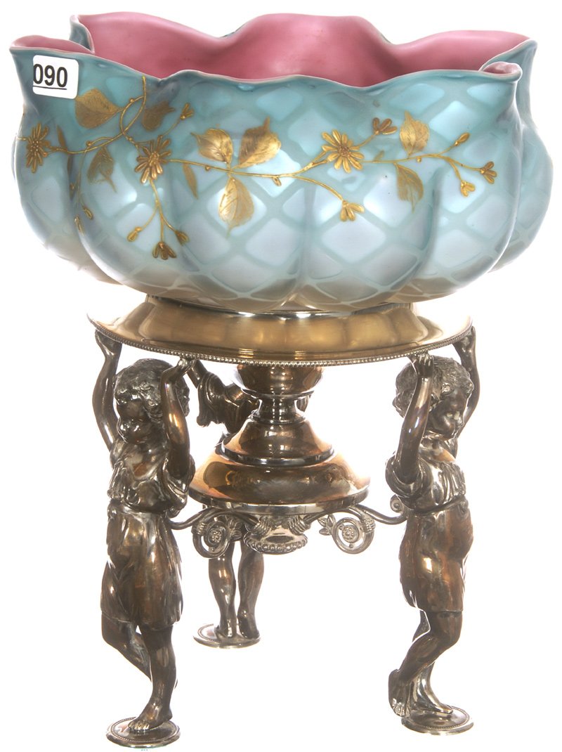 WOW 12" X 9 1/2" BRIDES BASKET: WOW 12" X 9 1/2" BRIDES BASKET BLUE DIAMOND QUILTED MOTHER OF PEARL MELON RIBBED SATIN GLASS BOWL WITH PINK INTERIOR AND GOLD ENAMEL FLORAL DECOR SET ON WONDERFUL SILVER PLATE FIGURAL HOLDER FEATURING