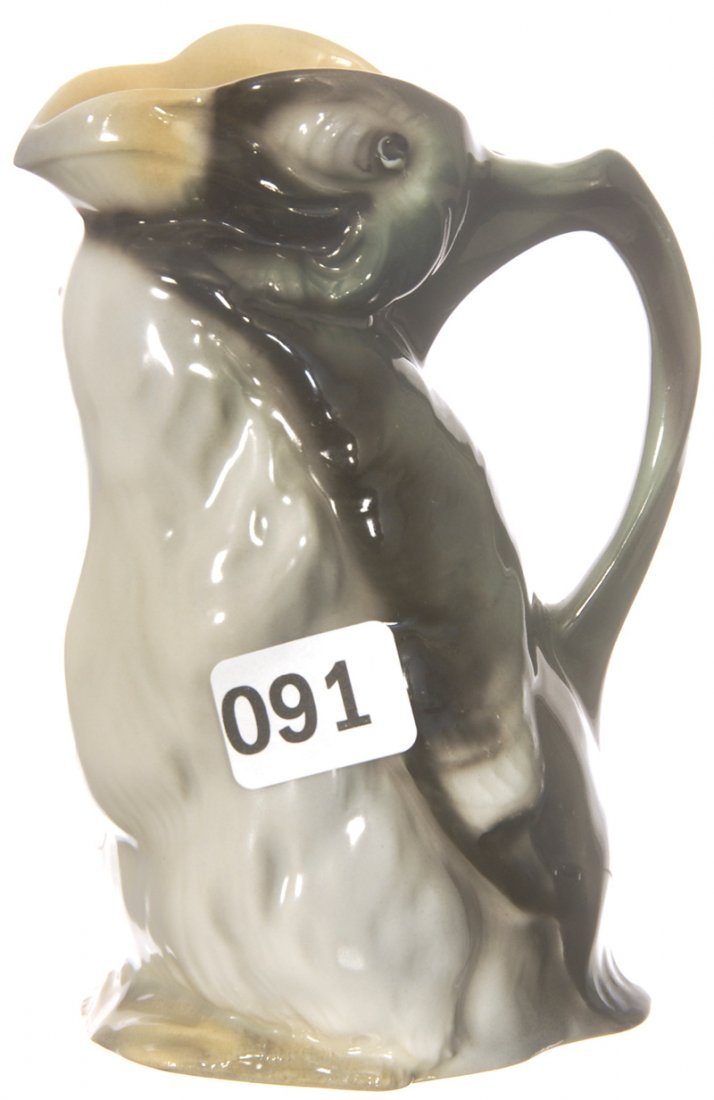 4 3/4" UNMARKED ROYAL BAYREUTH FIGURAL PENGUIN CREAMER: 4 3/4" UNMARKED ROYAL BAYREUTH FIGURAL PENGUIN CREAMER GREY, BLACK AND GREEN TONES - NICE CONDITION