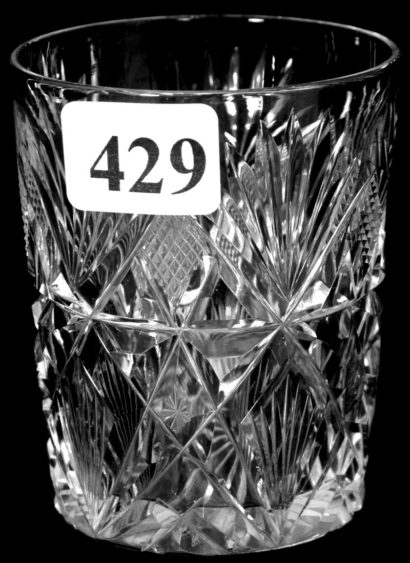 2 3/4" AMERICAN BRILLIANT CUT GLASS SHOT GLASS: 2 3/4" AMERICAN BRILLIANT CUT GLASS SHOT GLASS STRAWBERRY DIAMOND, BLOCK AND FAN MOTIF