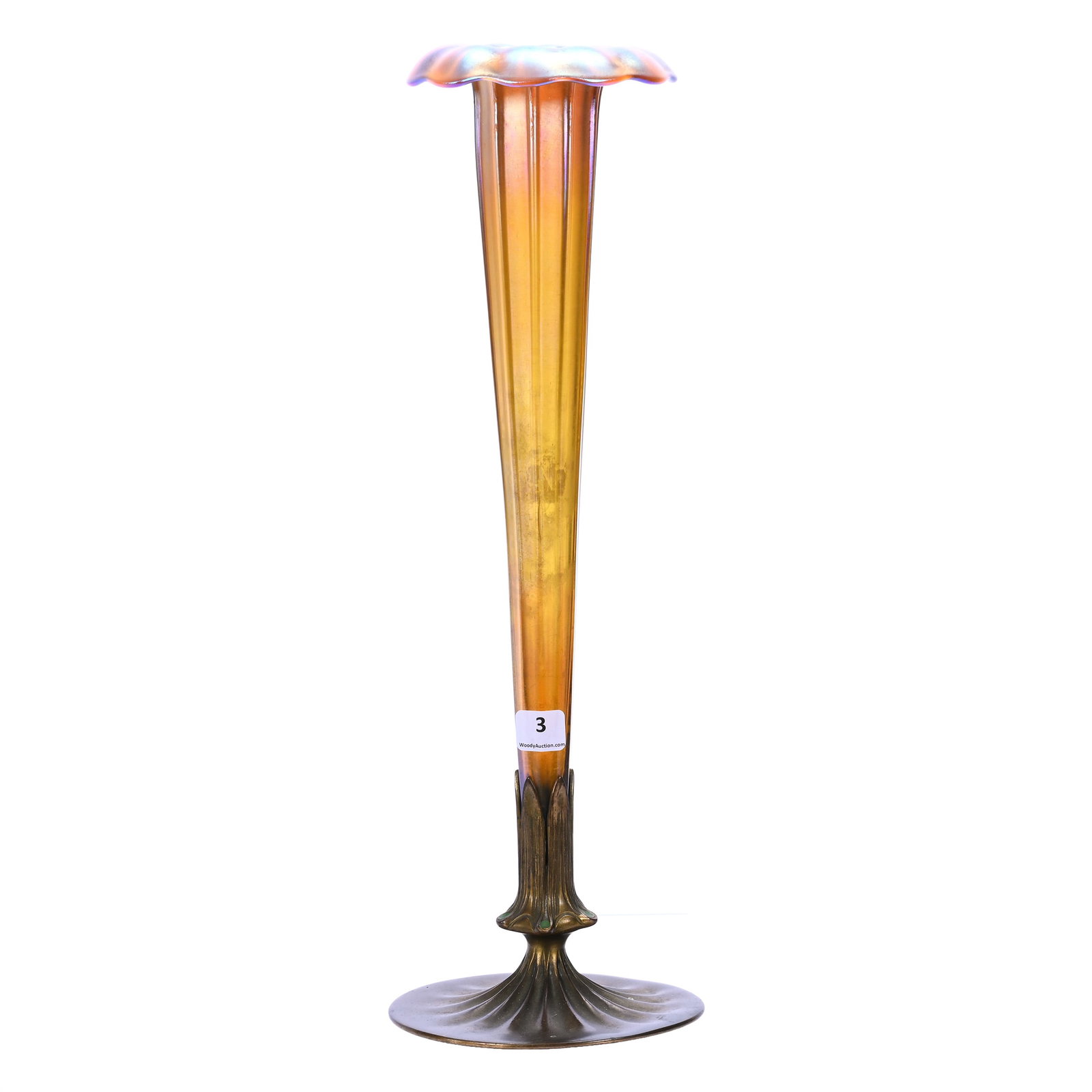 Trumpet Vase Signed Louis C. Tiffany Furnaces #158, Gilded Bronze Base: Trumpet Vase Signed Louis C. Tiffany Furnaces #158, Gilded Bronze Base, 16" x 5.5", Lily Vase Has Chipping Near Stem Which Is Easily Covered By The Bronze Base, Karin Rieger Collection, Kansas.