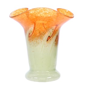 Vase, Unmarked Scottish Vasart Art Glass - Green & Orange Mottled Swirl Design - Tri Corner Rim