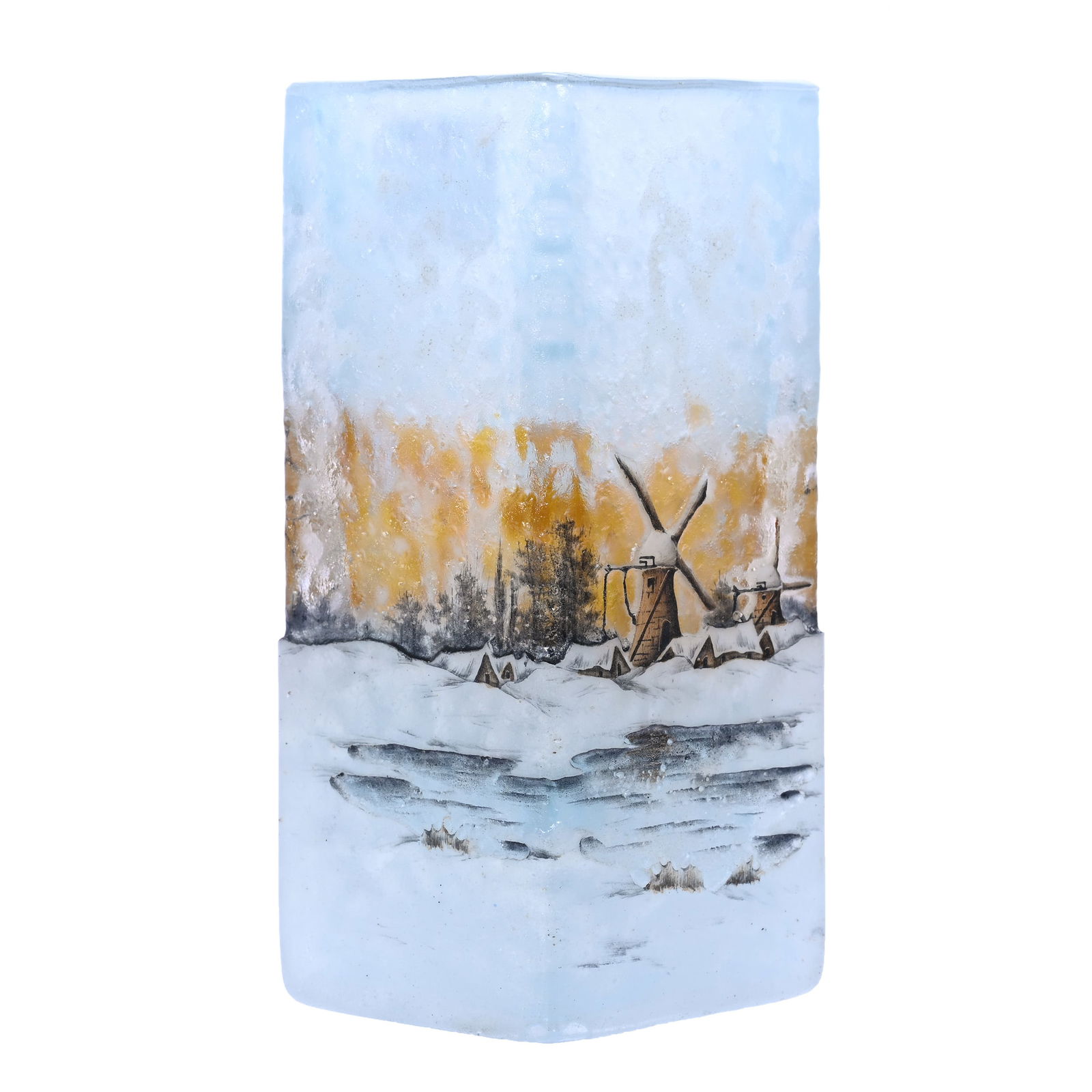 Square Vase, Signed Daum Nancy, French Cameo Art Glass: Square Vase, Signed Daum Nancy, French Cameo Art Glass, 4.75" x 2", Enamel Dutch Winter Scene Decor, This Piece Is Genuine Daum From The Early 1900s, Very Nice Example, Private Tennessee Collection.
