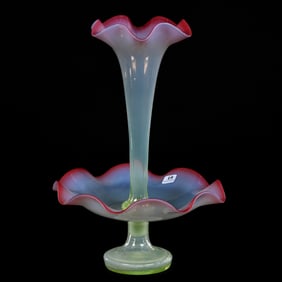 Epergne, One Lily, Cranberry Opalescent Art Glass Shading To Vaseline