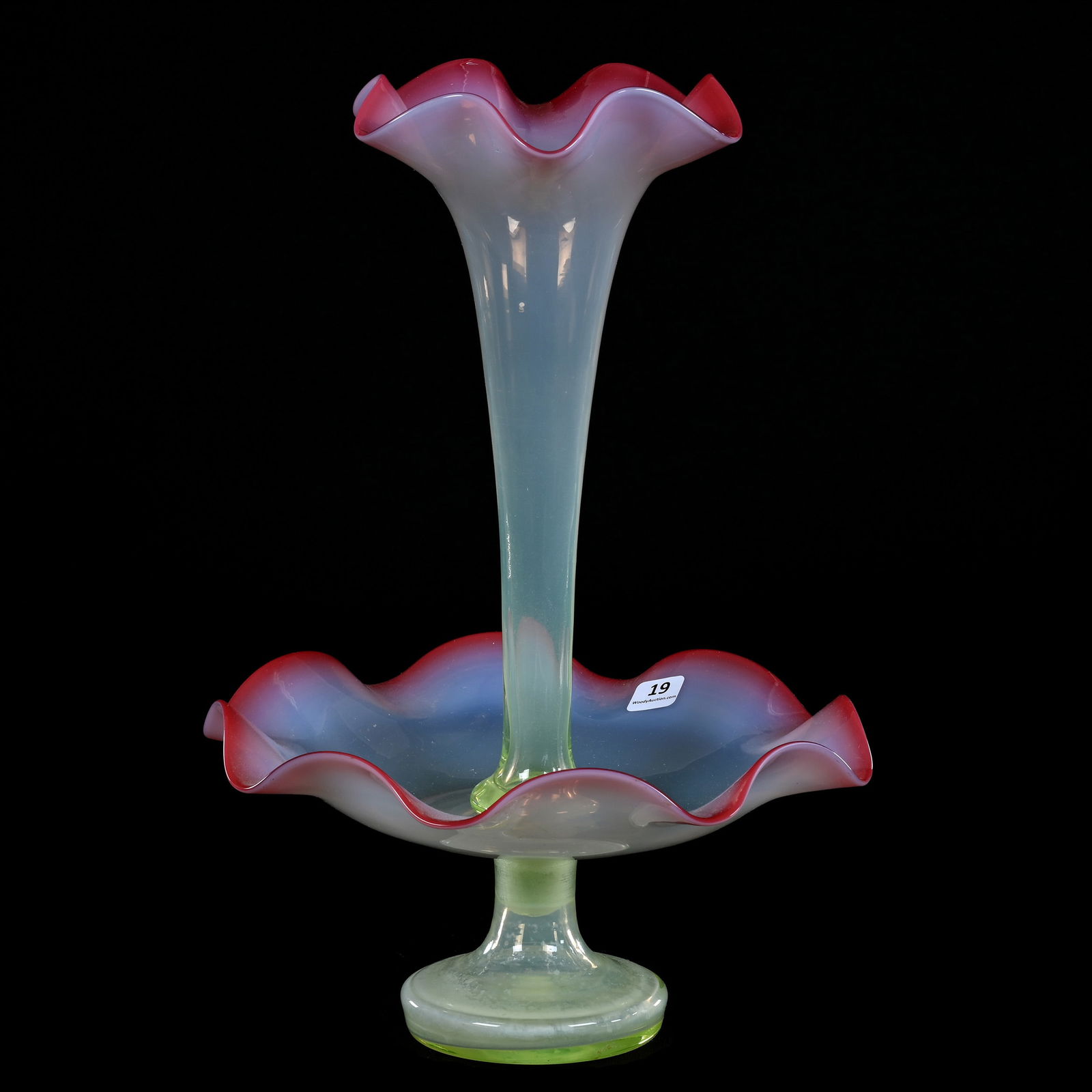 Epergne, One Lily, Cranberry Opalescent Art Glass Shading To Vaseline (1 of 4)