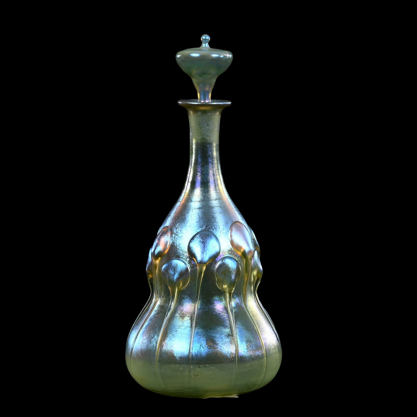 Decanter, Signed LCT, #R7682, Tiffany Gold/Green Iridescent Art Glass: Decanter, Signed LCT, #R7682, Tiffany Gold/Green Iridescent Art Glass, 9" x 4.25", 12 Applied Tadpoles, Original Stopper, Wonderful Bell-Shaped Form, Excellent Quality, Private Collection, Kansas.