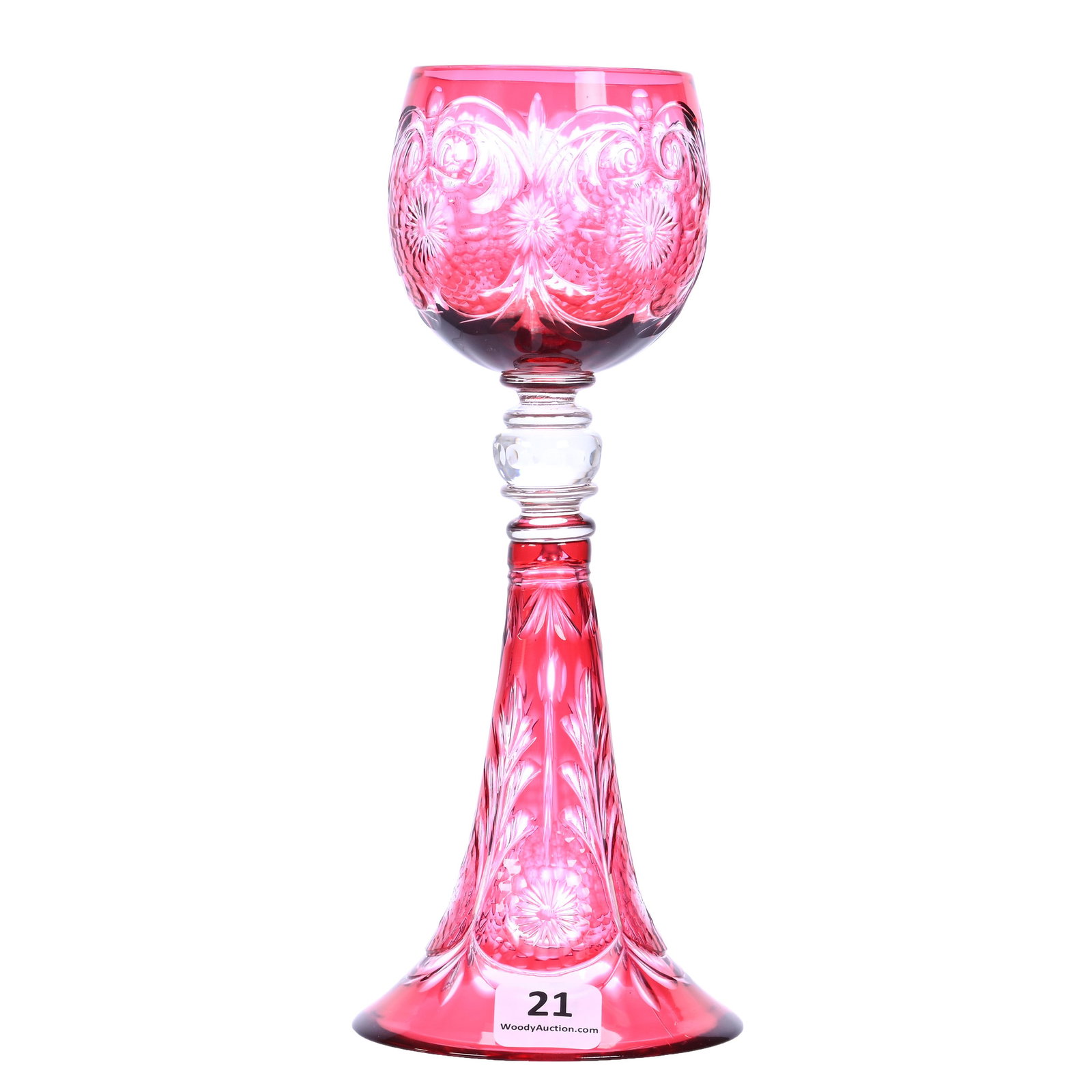 Wine Stem, Brilliant Period Cut Glass, Cranberry Cut To Clear: Wine Stem, Brilliant Period Cut Glass, Cranberry Cut To Clear, 8" x 3.25", Floral And Scroll Design, Color Petticoat Foot, Private Tennessee Collection.