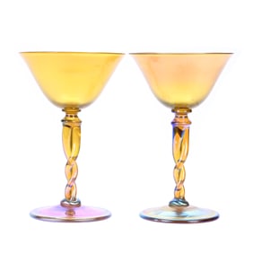 Pair Cocktail Stems Signed LCT #R242 & #R9084, Tiffany Gold Iridescent Art Glass