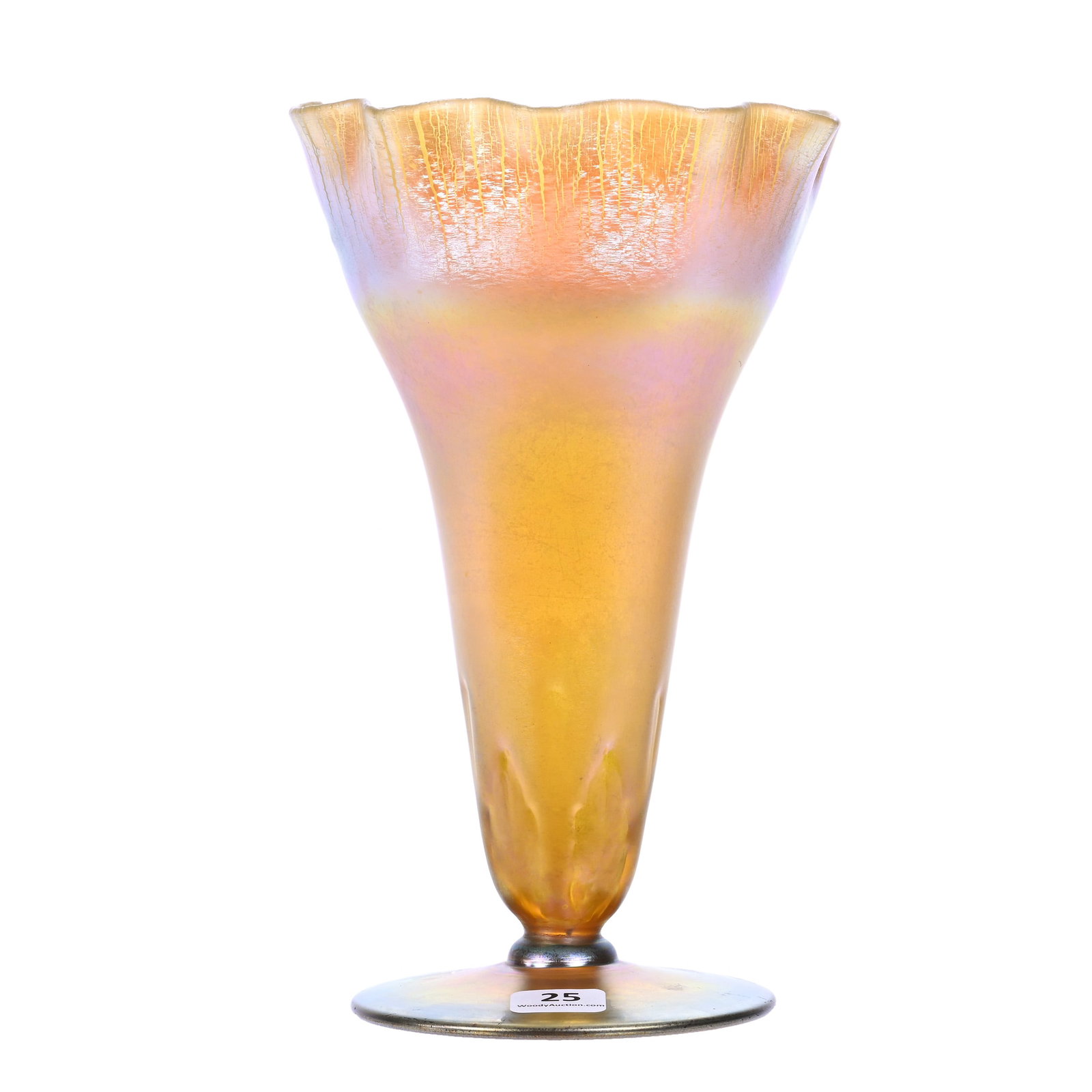 Pedestal Vase Signed Nash #546, Gold Iridescent Art Glass: Pedestal Vase Signed Nash #546, Gold Iridescent Art Glass, 8.5" x 5.5", Small Leaf Molded Design Near Stem, Nice Color, Gerry And Jamie Prather Collection, Michigan.