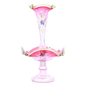 Epergne, One Lily, Rubina Art Glass, Enamel Floral Decor