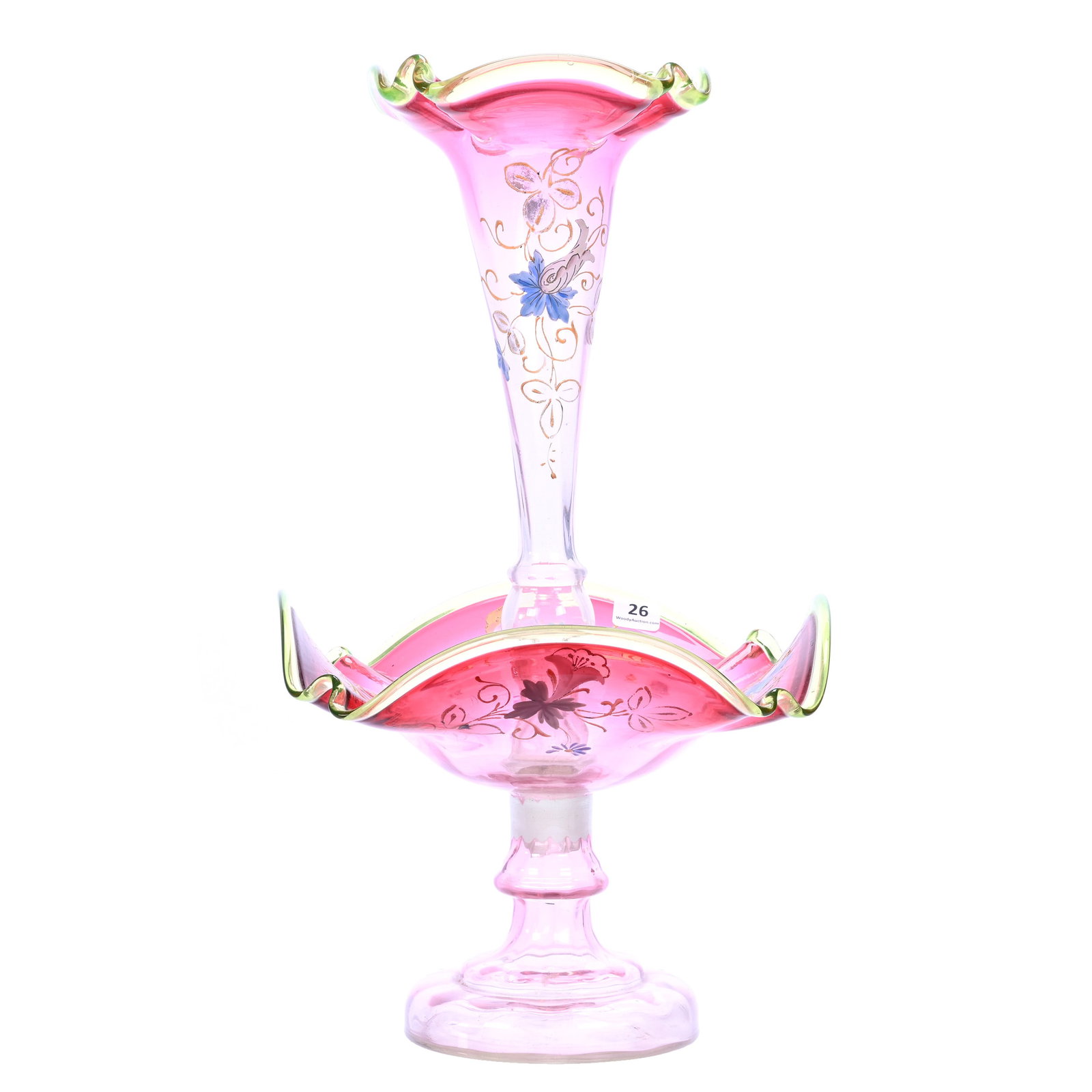 Epergne, One Lily, Rubina Art Glass, Enamel Floral Decor: Epergne, One Lily, Rubina Art Glass, Enamel Floral Decor, 17" x 9.5", Applied Vaseline Glass Rim Which Is Highly Reactive Under Black Light, Stob Of Lily Has Chips, Idaho Private Collection.